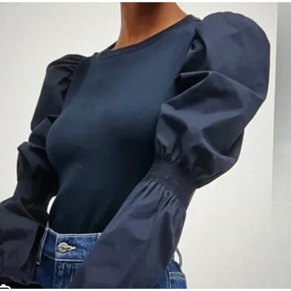 Veronica Beard Navy Fawn Cinch Puff Sleeve Top S Romantic Ribbed